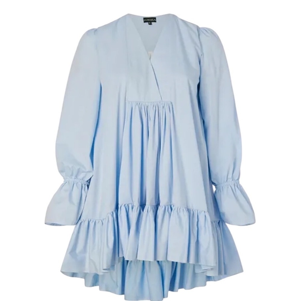 AZEEZA‎ Thistle Poplin Dress XXL Baby Blue Cotton V-Neck Ruffle Tiered Mini NWT